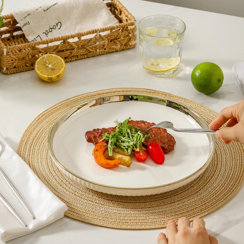 LETAOTAO Dinner Plates, Ceramic dinner Plate Set of 4, 10 inch White Serving Plates with gold trim, Stripe Texture Back, Large Pasta and Salad Plates, Dishes Set with Lipped Edges for Kitchen - Image 5