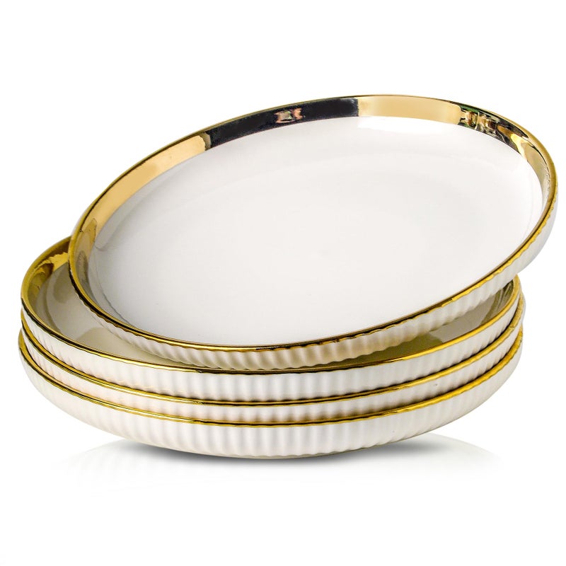 LETAOTAO Dinner Plates, Ceramic dinner Plate Set of 4, 10 inch White Serving Plates with gold trim, Stripe Texture Back, Large Pasta and Salad Plates, Dishes Set with Lipped Edges for Kitchen - Image 1