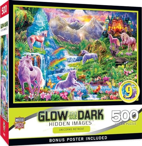 MasterPieces 500 Piece Jigsaw Puzzle Glows in the Dark Hidden Images Unicorns Retreat Fun for Adults Family Kids 15 x 21 - Image 1