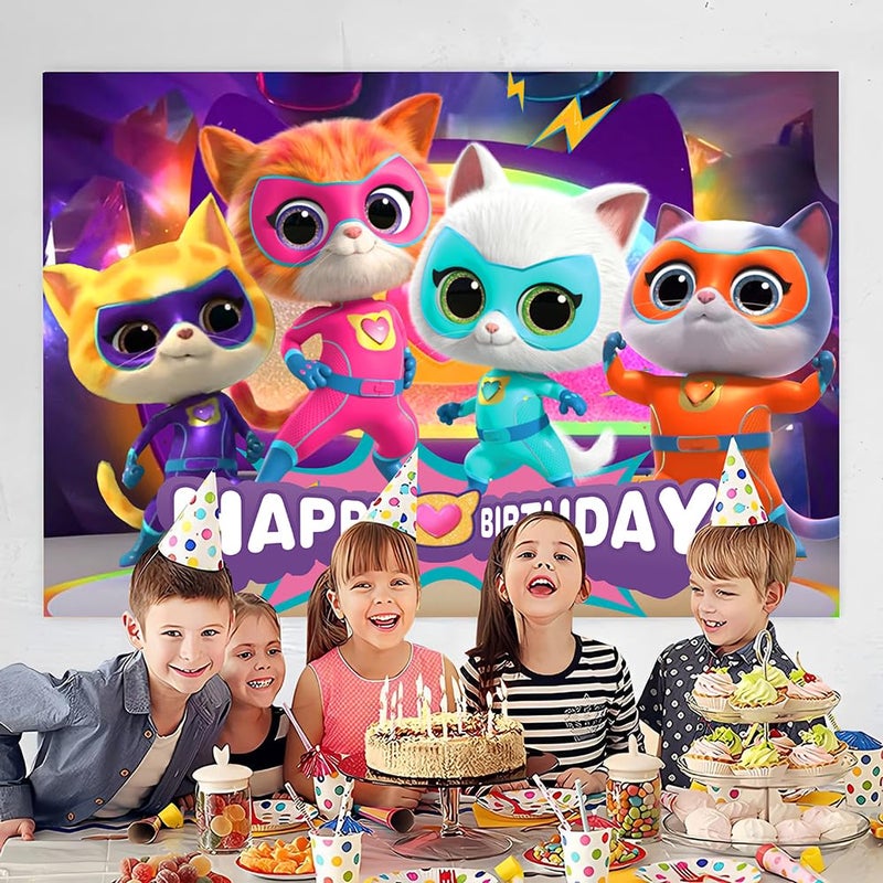 BNFUO Super Cats Birthday Decorations,Super Cats Happy party Banner Backdrop for Kids Birthday Party Supplies (5x3ft) - Image 2