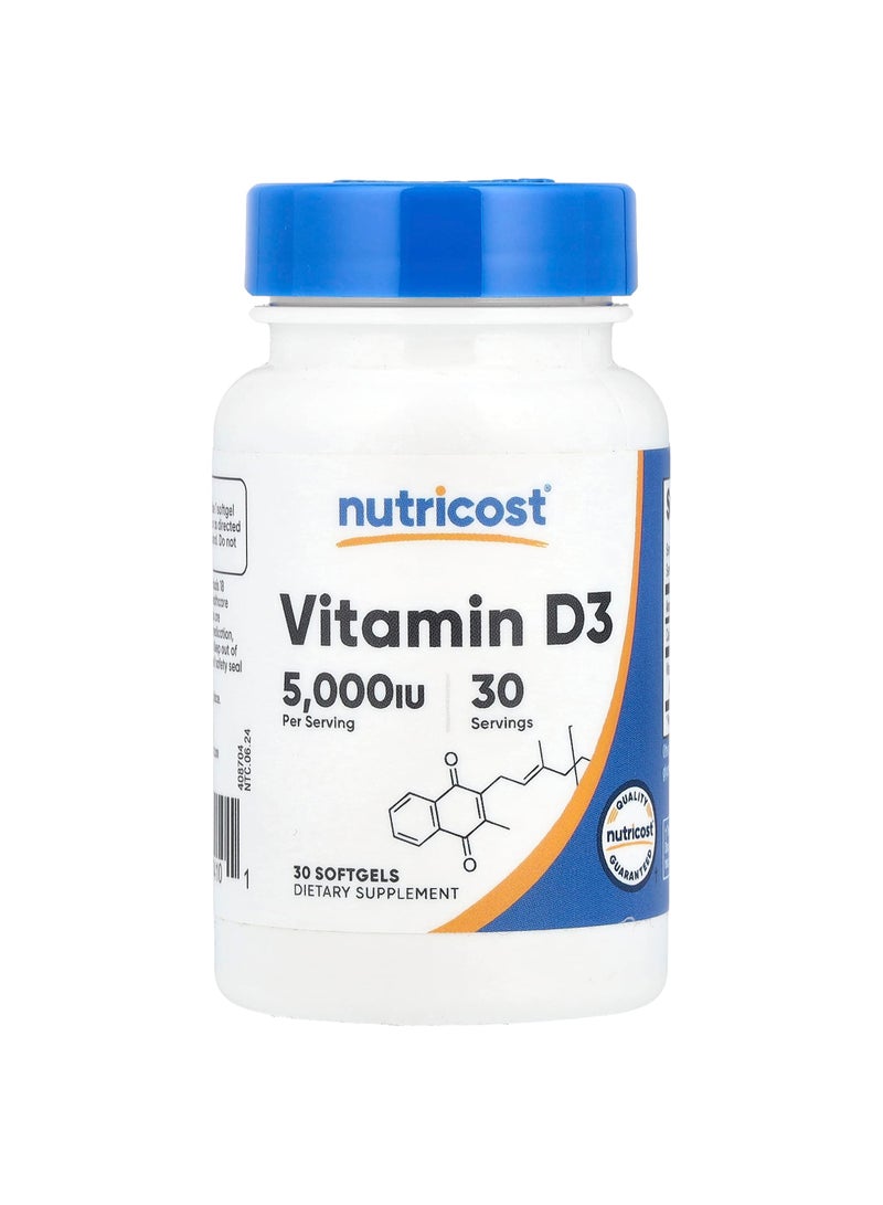 Nutricost Vitamin D3, 125 mcg (5,000 IU), 30 Softgels