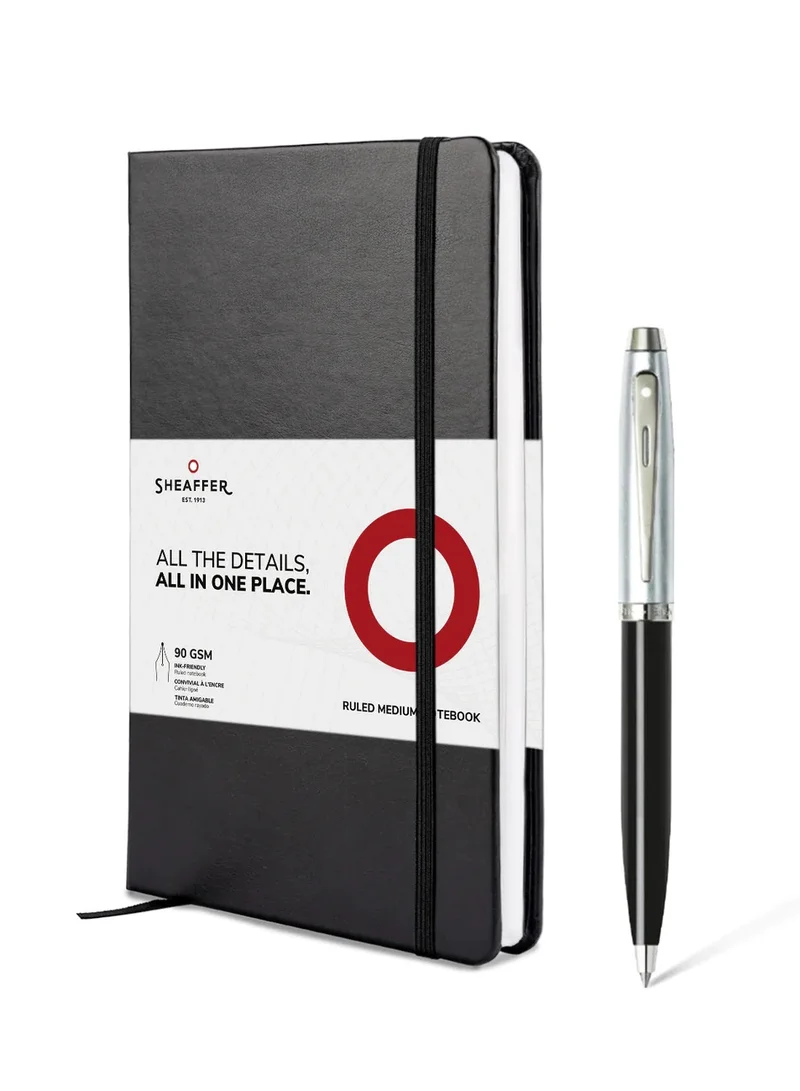 شيفر مجموعة هدايا Sheaffer® مع قلم حبر جاف S100 9313 باللون الأسود اللامع مع حواف من الكروم ودفتر ملاحظات متوسط الحجم