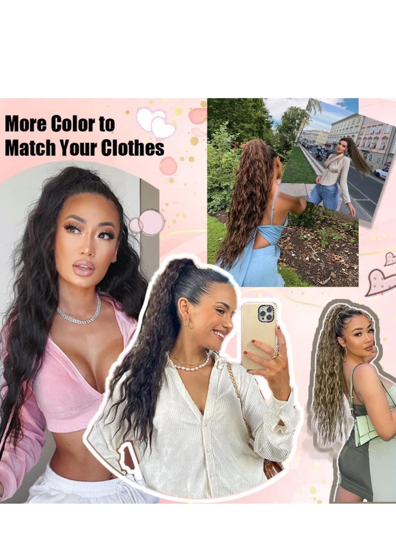 SOLARAE Long Hair Ponytail Extension 26 Inch Chocolate Brown with Caramel Blonde Highlights Claw Clip in Pony Tails, Fake Corn Weave Synthetic Curly Drawstring for Women Daily Use party - Image 4