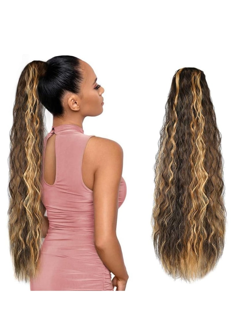 SOLARAE Long Hair Ponytail Extension 26 Inch Chocolate Brown with Caramel Blonde Highlights Claw Clip in Pony Tails, Fake Corn Weave Synthetic Curly Drawstring for Women Daily Use party - Image 1