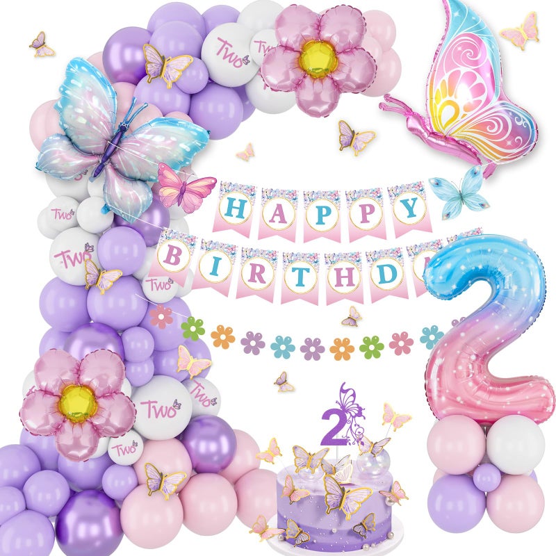 KISPATTI 2nd Birthday Decorations for Girl, 2 Year Old Bday Decor Girl Butterfly Bday Party Decor Pink and Purple Balloons Second Birthday Decoration - Image 1