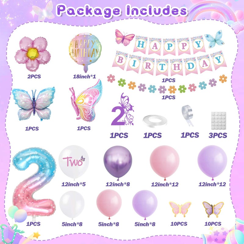 KISPATTI 2nd Birthday Decorations for Girl, 2 Year Old Bday Decor Girl Butterfly Bday Party Decor Pink and Purple Balloons Second Birthday Decoration - Image 2