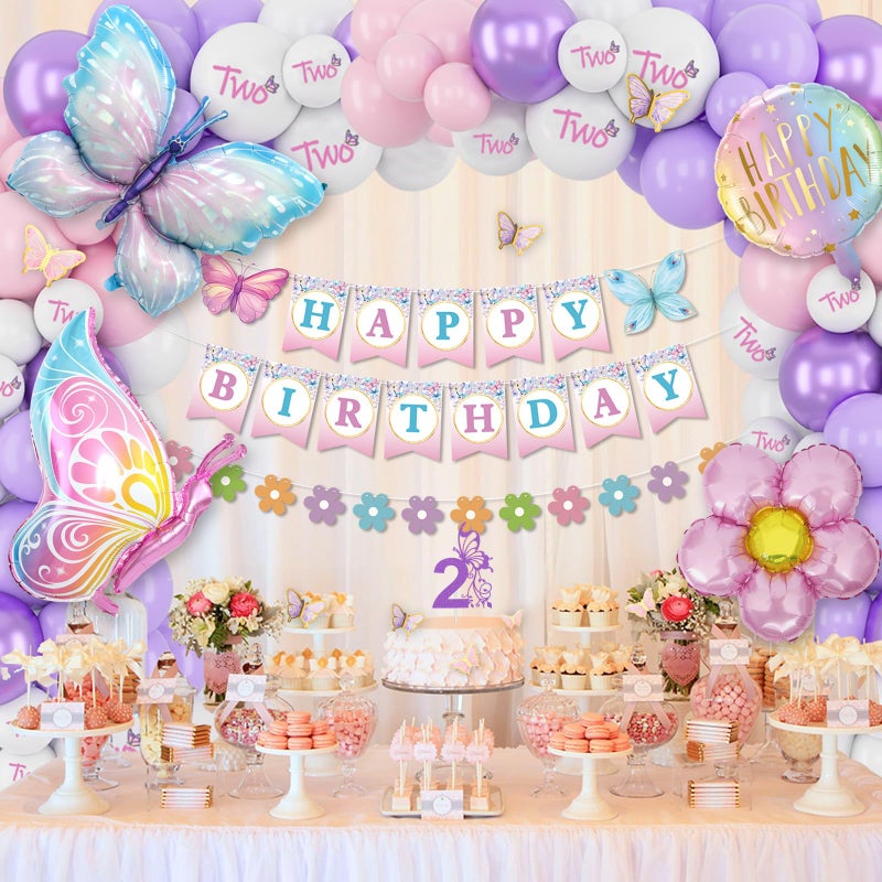KISPATTI 2nd Birthday Decorations for Girl, 2 Year Old Bday Decor Girl Butterfly Bday Party Decor Pink and Purple Balloons Second Birthday Decoration - Image 3