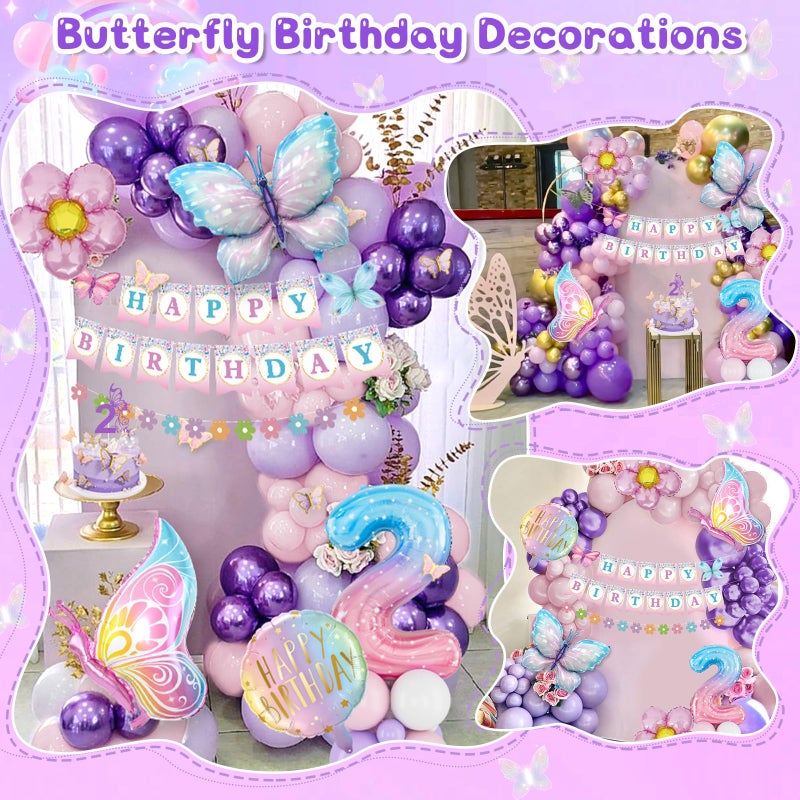 KISPATTI 2nd Birthday Decorations for Girl, 2 Year Old Bday Decor Girl Butterfly Bday Party Decor Pink and Purple Balloons Second Birthday Decoration - Image 5