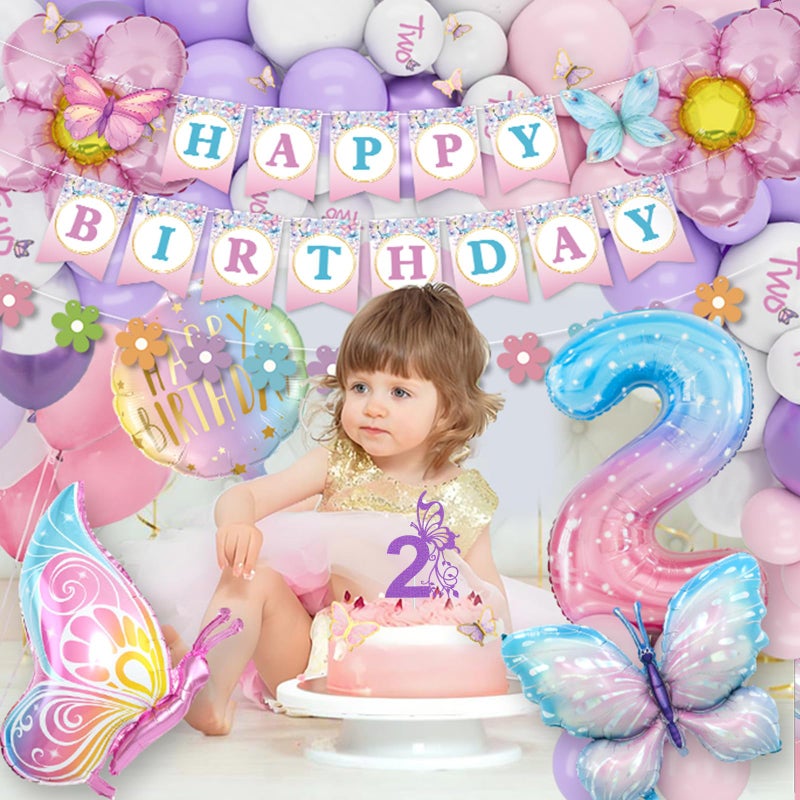 KISPATTI 2nd Birthday Decorations for Girl, 2 Year Old Bday Decor Girl Butterfly Bday Party Decor Pink and Purple Balloons Second Birthday Decoration - Image 4