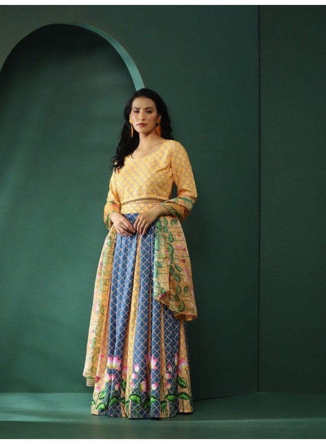 AKS Yellow & Blue Pichwai Printed Lehenga Choli With Dupatta - Image 1