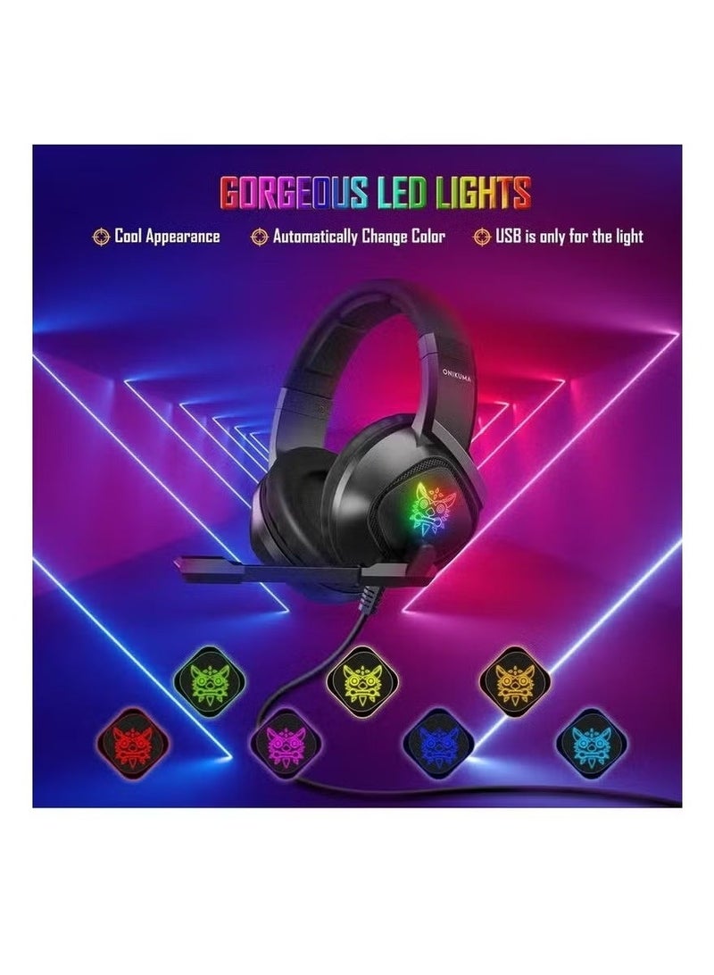 onikuma K19 3.5mm Gaming Headset PS4 PC Gamer Stereo Earphones Bass Headphone with Mic LED Light RGB Black - Image 2