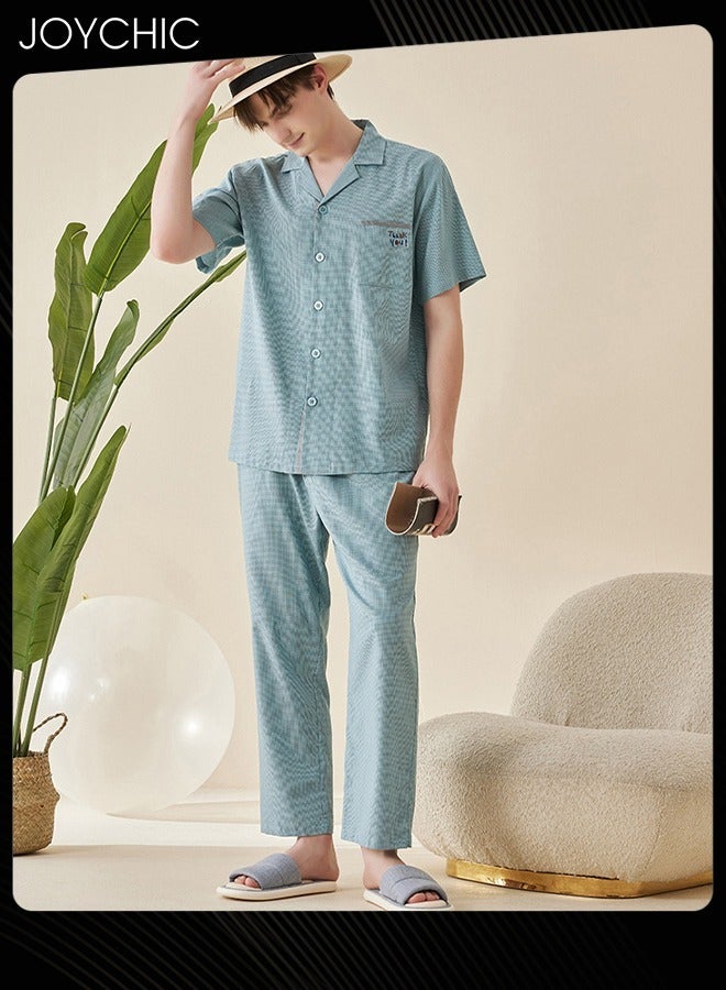 Joychic Modern Style Summer Pure Cotton Short-sleeved Long Pants Pajama Set Soft Breathable Men Home Clothes Button Front Bedroom Sleepwear Green - Image 1
