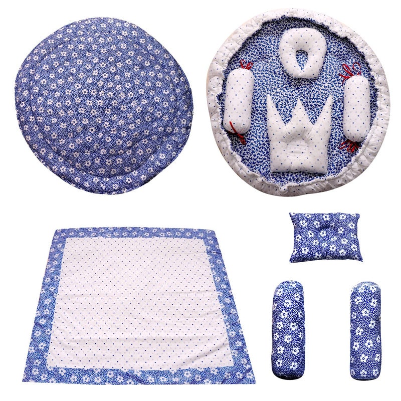 CREATIVE TEXTILES مجموعة هدايا سرير ونوم للأطفال حديثي الولادة 4 قطع (مزخرف بأزهار زرقاء) - 07 - Image 2