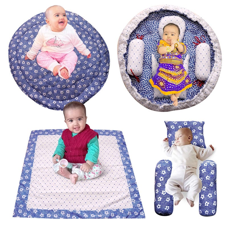 CREATIVE TEXTILES مجموعة هدايا سرير ونوم للأطفال حديثي الولادة 4 قطع (مزخرف بأزهار زرقاء) - 07 - Image 1