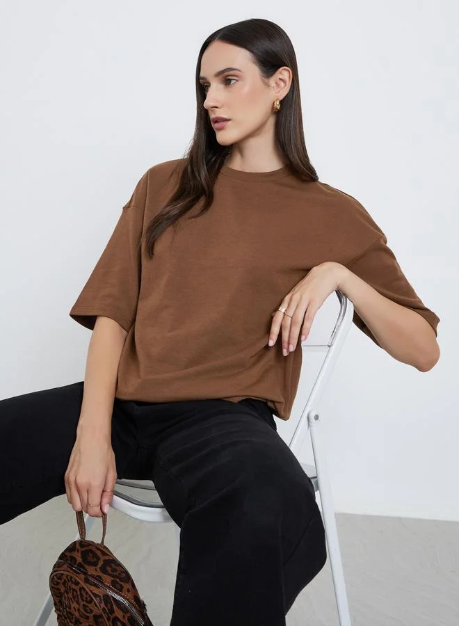 Styli Styli Women Brown Terry Boxy Fit T-Shirt
