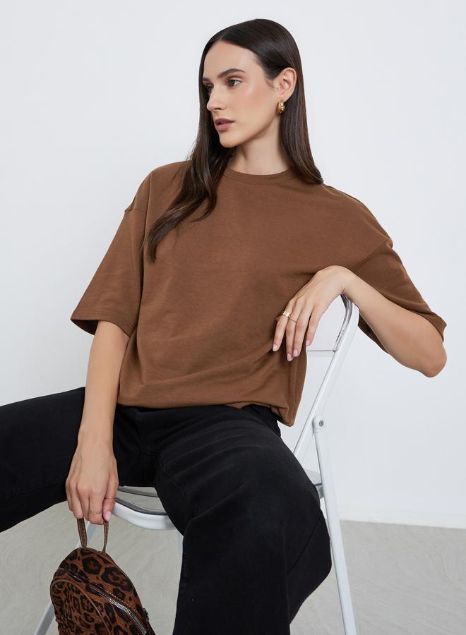 Styli Women Brown Terry Boxy Fit T-Shirt - Image 3