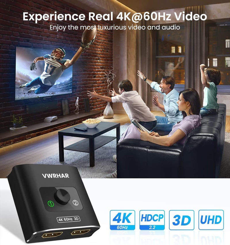 موزع ومحول HDMI 4K@60Hz، محول HDMI 2.0 ألومنيوم 2 في 1 إخراج، موزع HDMI 1 في 2 إخراج، محول ثنائي الاتجاه يدعم 4K 3D HDR لـ Xbox PS5/4/3 مشغل Blu-Ray Fire Stick Roku تلفزيون عالي الدقة - Image 5