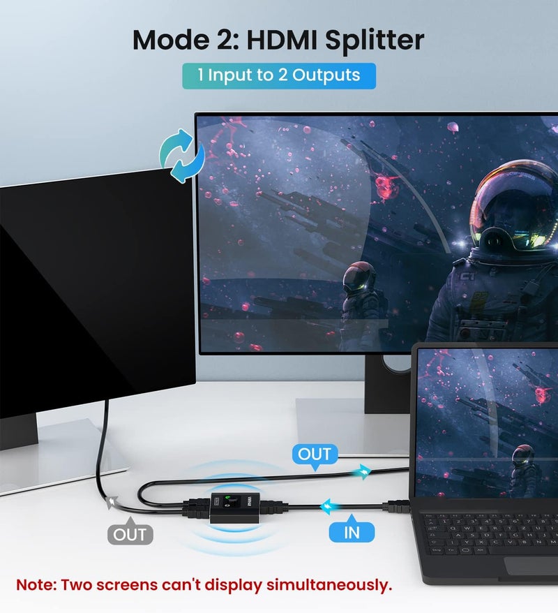 موزع ومحول HDMI 4K@60Hz، محول HDMI 2.0 ألومنيوم 2 في 1 إخراج، موزع HDMI 1 في 2 إخراج، محول ثنائي الاتجاه يدعم 4K 3D HDR لـ Xbox PS5/4/3 مشغل Blu-Ray Fire Stick Roku تلفزيون عالي الدقة - Image 3