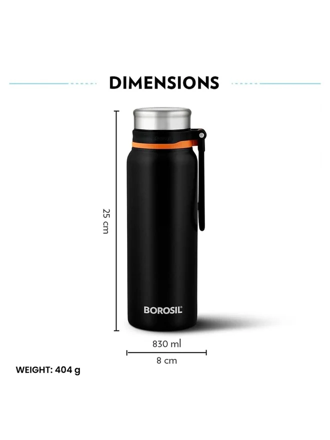 بوروسيل زجاجة مياه فاكيوم أكوافيت سوداء ٨٣٠ مل