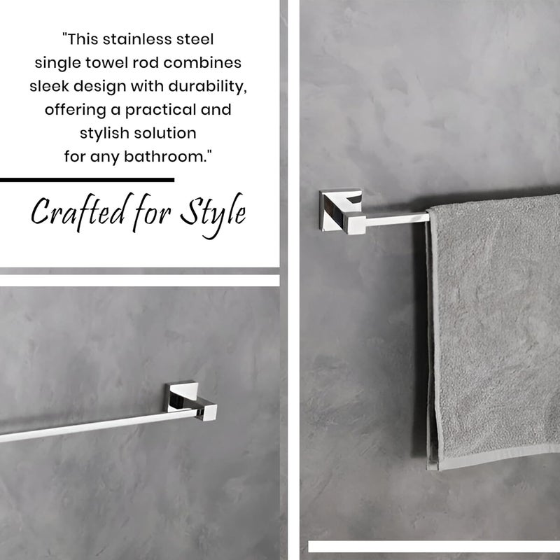 iBELL 60 cm (24-Inch) Towel Rod | Towel Rack for Bathroom | Towel Bar | Towel Hanger | Towel Stand | Bathroom Accessories - Square Design (Chrome Finish) - Image 3