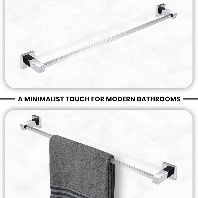 iBELL 60 cm (24-Inch) Towel Rod | Towel Rack for Bathroom | Towel Bar | Towel Hanger | Towel Stand | Bathroom Accessories - Square Design (Chrome Finish) - Image 2