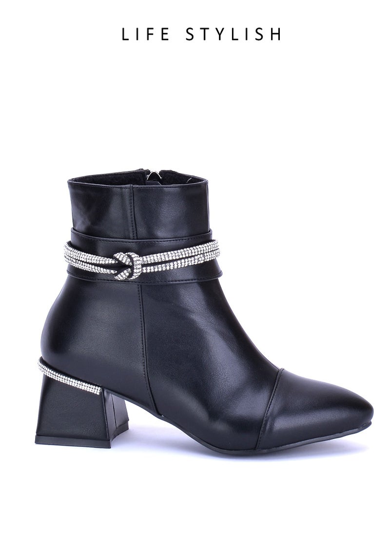 LIFESTYLISH Elegant Leather Heel Boot With Diamond Strip - Black R-5  - Image 3