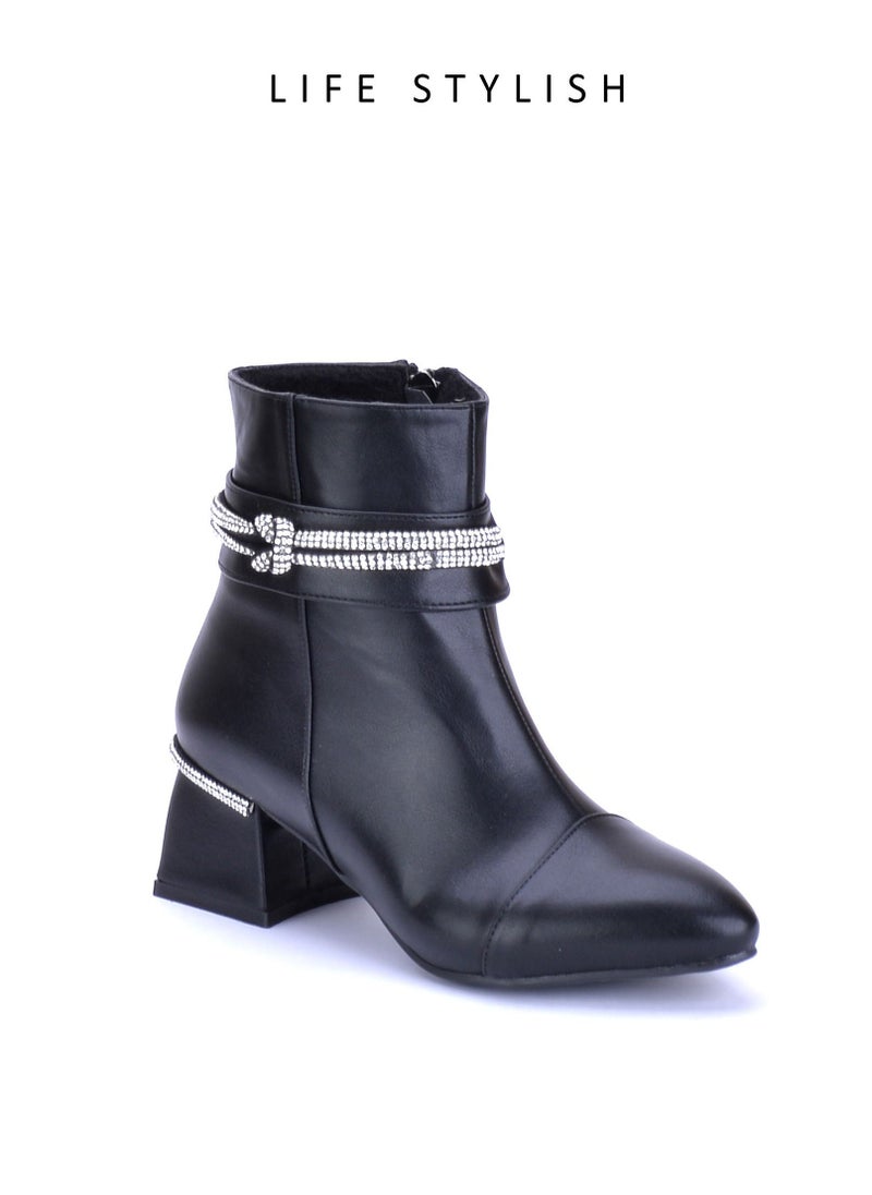 LIFESTYLISH Elegant Leather Heel Boot With Diamond Strip - Black R-5  - Image 1