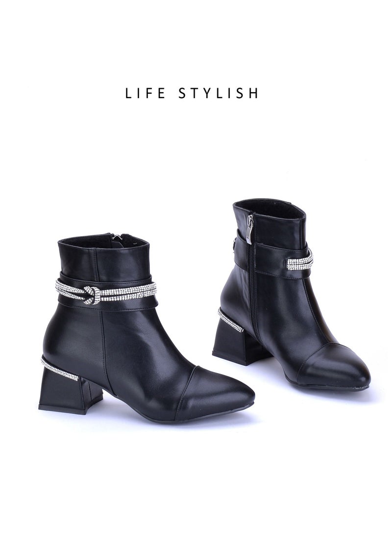 LIFESTYLISH Elegant Leather Heel Boot With Diamond Strip - Black R-5  - Image 2