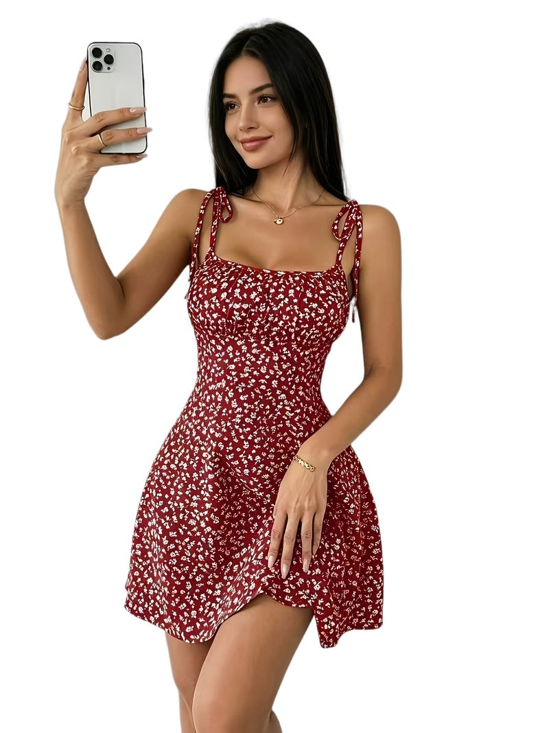 Summer French New Sweet Waist A-Line Fashionable Short Skirt Floral Elegant Suspender Loose Mini Dress - Image 1