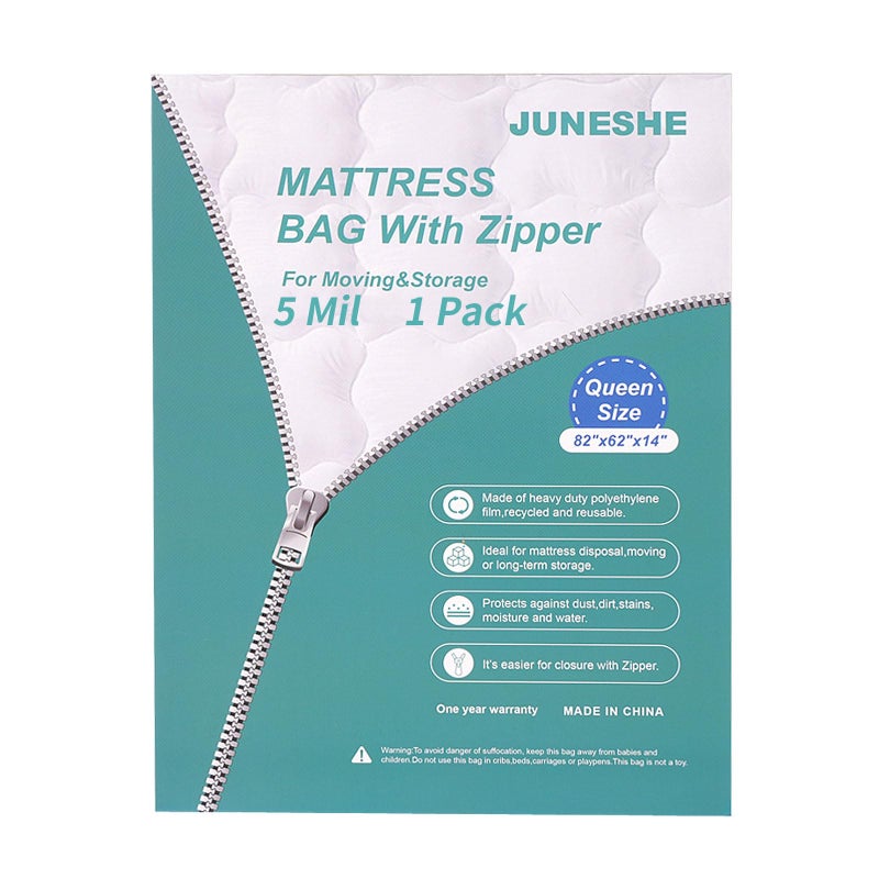 JUNESHE Queen Mattress Bag for Moving and Storage Cover 5 Mil Zipper Plastic Waterproof Mattress Storage Bag82x62x14 inches1 Pack