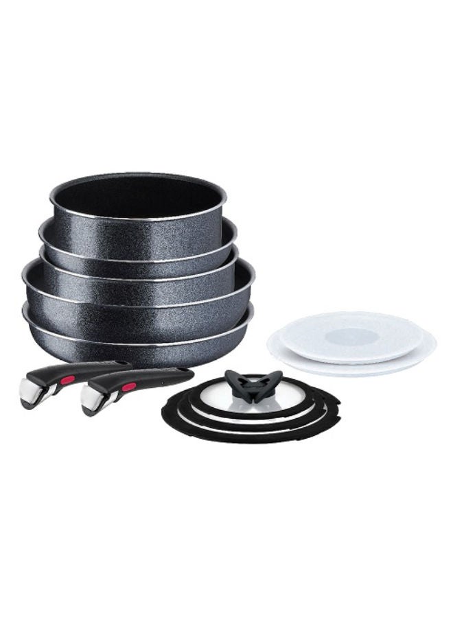 Cooking Set 11 Pieces Frypan 22,26 cm + Saucepan 22 cm + Sautepan 24 cm + Wokpan 28 cm With 2 Handles & Glass Lids 22,24 cm & Conservation lid 22,24 cm- Black