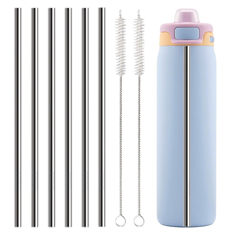 QUVIAE Metal Straws Replacement for Ello Pop & Fill 22 oz Accessories, 6 PCS Reusable Stainless Steel Straw with 2 Cleaning Brush, Compatible with Ello Water Bottle - Image 1