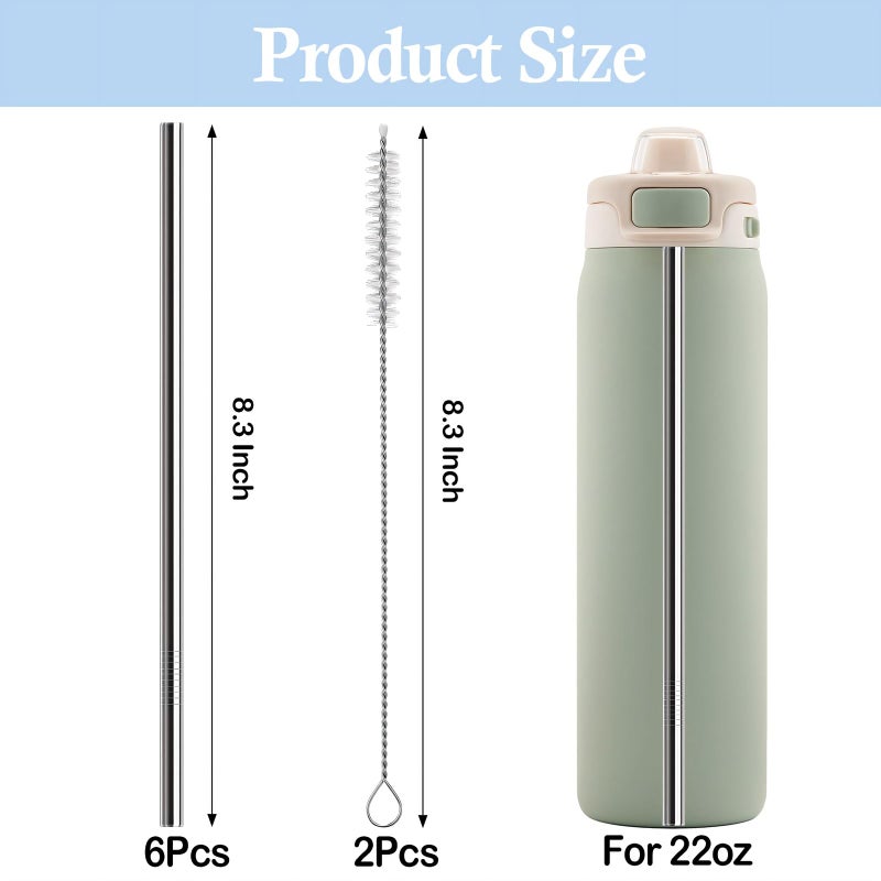 QUVIAE Metal Straws Replacement for Ello Pop & Fill 22 oz Accessories, 6 PCS Reusable Stainless Steel Straw with 2 Cleaning Brush, Compatible with Ello Water Bottle - Image 2