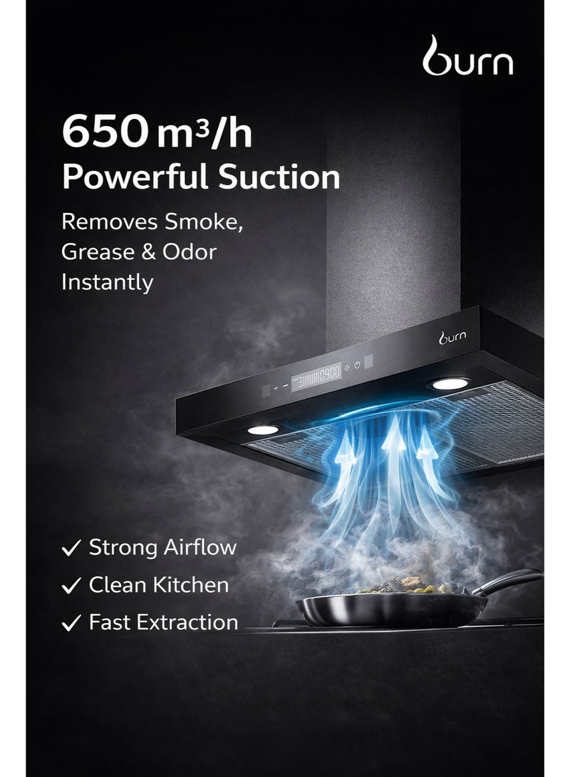 BURN T-Shape Cooker Hood 60cm Stainless Steel 430 Black – 650 m³/h Suction, Touch & Gesture Control, Energy Saving LED Light - Image 4