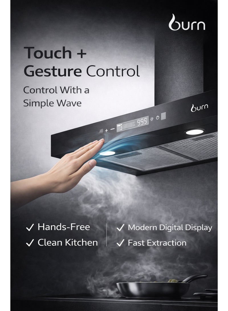 BURN T-Shape Cooker Hood 60cm Stainless Steel 430 Black – 650 m³/h Suction, Touch & Gesture Control, Energy Saving LED Light - Image 3