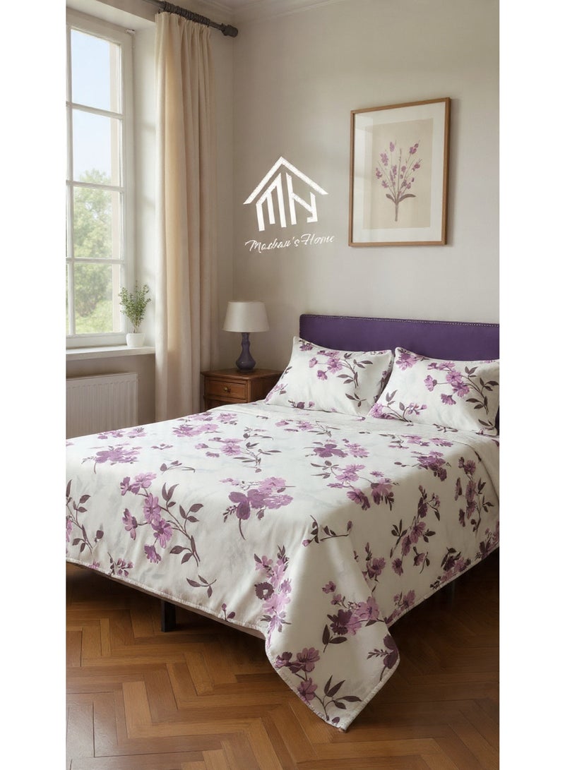 غطاء سرير بأشكال ورد أنيق وملون لتزيين غرفة النوم 4 قطع – ملاية 260×240 سم + مخدة طويلة 185×43 سم + 2 كيس مخدة 50×70 سم – قماش ناعم، متين ومريح للنوم