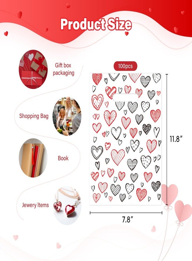 Linelglobal 100 Pack Valentine Treat Bag Plastic Valentines Gift Bag with Handle for Party Goodie 7.8x11.8 Heart Design - Image 2