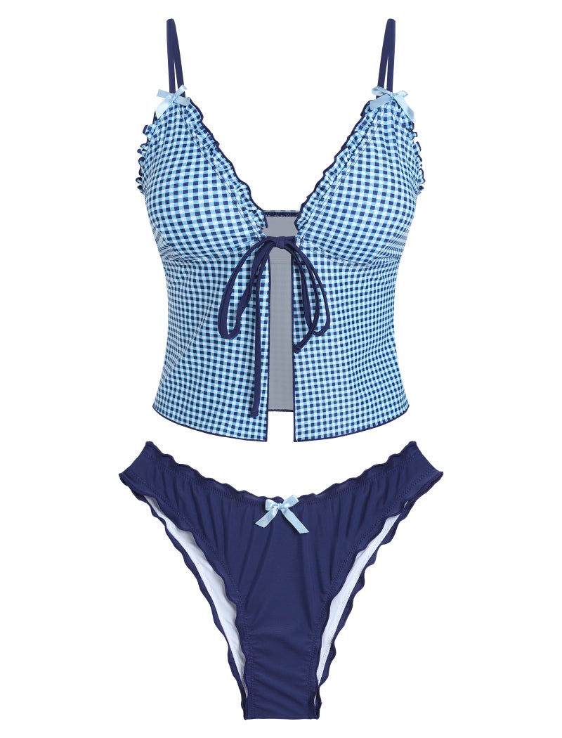 ZAFUL Tankini Swimsuits for Women Smocked Ruffles Tie Front Bowknot Textured High Cut Tanga Tankini Set(D-Blue Plaid, S) - Image 1