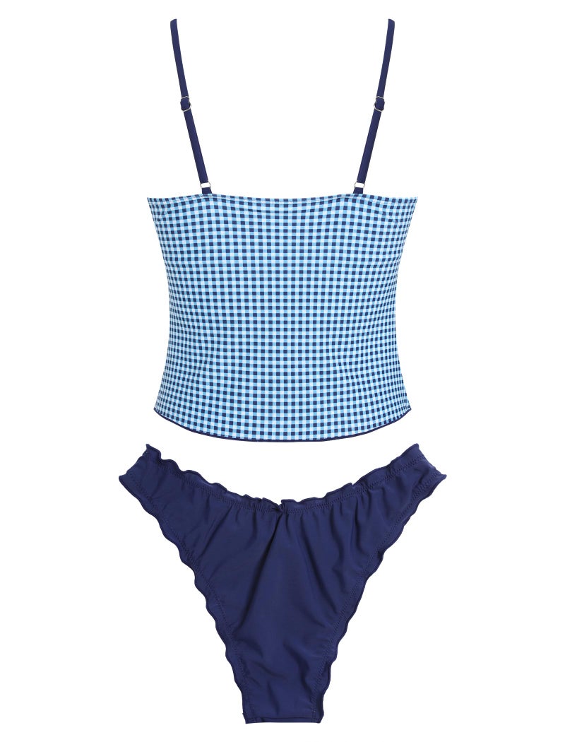 ZAFUL Tankini Swimsuits for Women Smocked Ruffles Tie Front Bowknot Textured High Cut Tanga Tankini Set(D-Blue Plaid, S) - Image 2