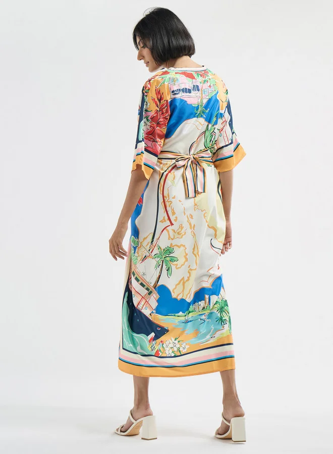 سبلاش فيڤ فستان كفتان بياقة على شكل حرف  وطبعة شاطئ وحزام ربط وفتحة جانبية