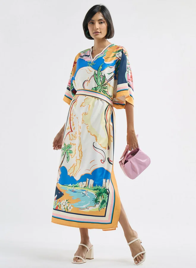 Splash FAV All-Over Beach Print V-neck Kaftan Dress with Tie-Up Belt and Slit Detail