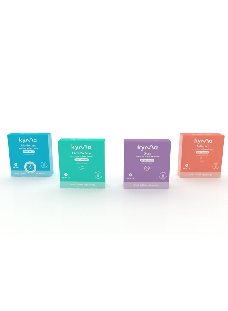 KYMA حزمة إعادة التعبئة Kyma Fab 4، 4 صناديق إعادة تعبئة، 6 لتر (تصنع زجاجة 3 × 500 مل من منظف متعدد الأسطح + 3 × زجاجة 500 مل من منظف الحمام + 3 × زجاجة 500 مل من منظف الزجاج + 3 × 500 مل من المطهر)  - Image 2