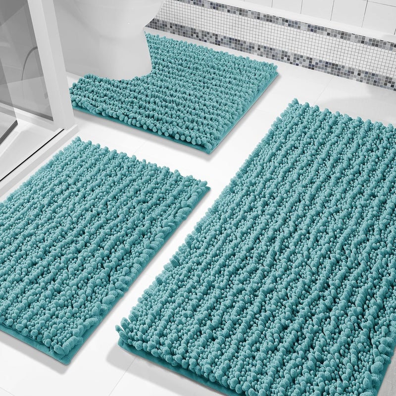 Yimobra Bathroom Rug Set 3 Piece - Super Absorbent Quick Dry Chenille Bath Mats & Toilet Rug, Non Slip Machine Washable, Extra Thick Shaggy Floor Mat for Shower Tub Sink, Teal Blue - Image 1