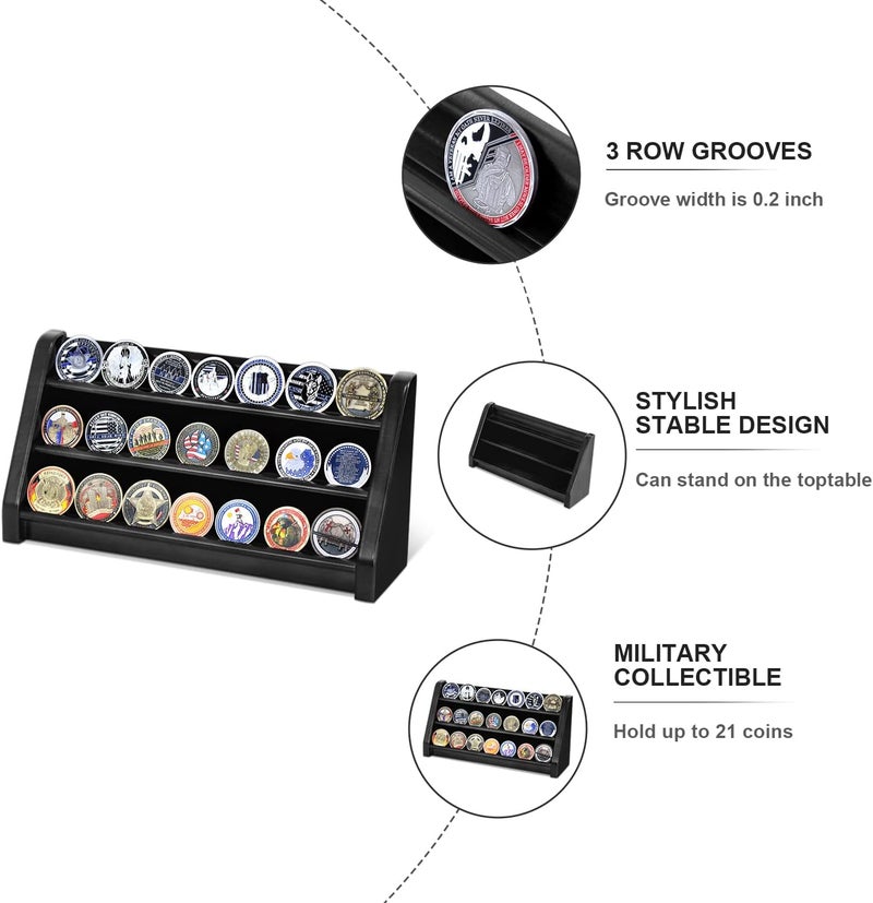 ASmileIndeep 3 Rows Military Challenge Coin Display Case Wall Mount Wooden Army Coin Holder Stand Rack, Holds 21-24 Coins, Black - Image 3