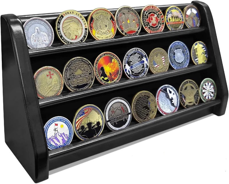ASmileIndeep 3 Rows Military Challenge Coin Display Case Wall Mount Wooden Army Coin Holder Stand Rack, Holds 21-24 Coins, Black - Image 1