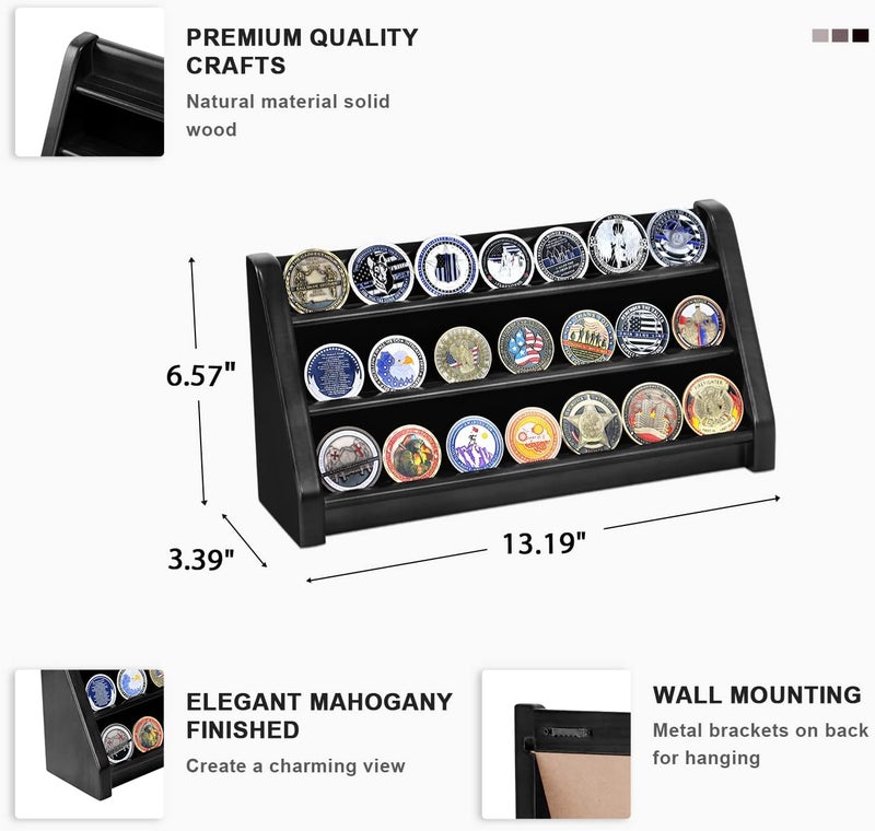 ASmileIndeep 3 Rows Military Challenge Coin Display Case Wall Mount Wooden Army Coin Holder Stand Rack, Holds 21-24 Coins, Black - Image 2