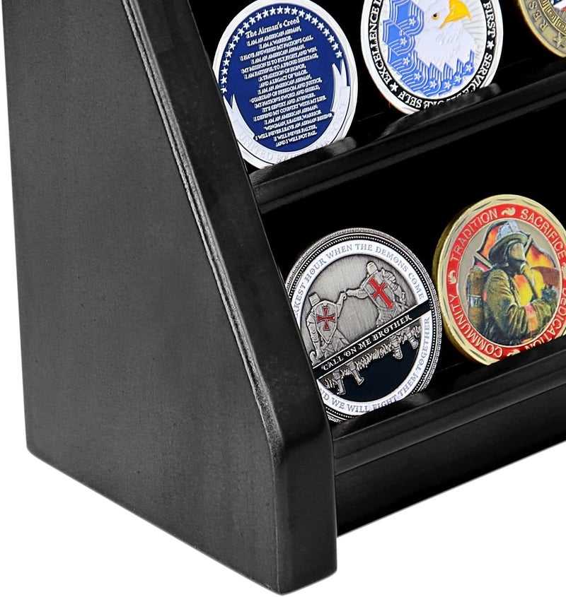 ASmileIndeep 3 Rows Military Challenge Coin Display Case Wall Mount Wooden Army Coin Holder Stand Rack, Holds 21-24 Coins, Black - Image 4