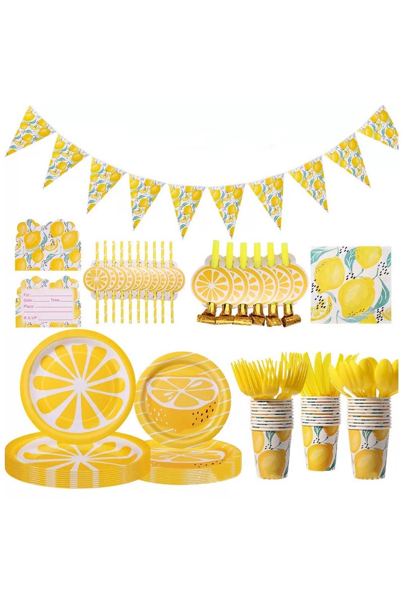 أدوات مائدة حفلات مستوحاة من الليمون، لافتة إكليل أصفر مزخرف، أدوات مائدة حفلات أعياد ميلاد الأطفال، لوازم حفلات يمكن التخلص منها لتزيين الحفلات أصفر 107 قطعة - Image 1