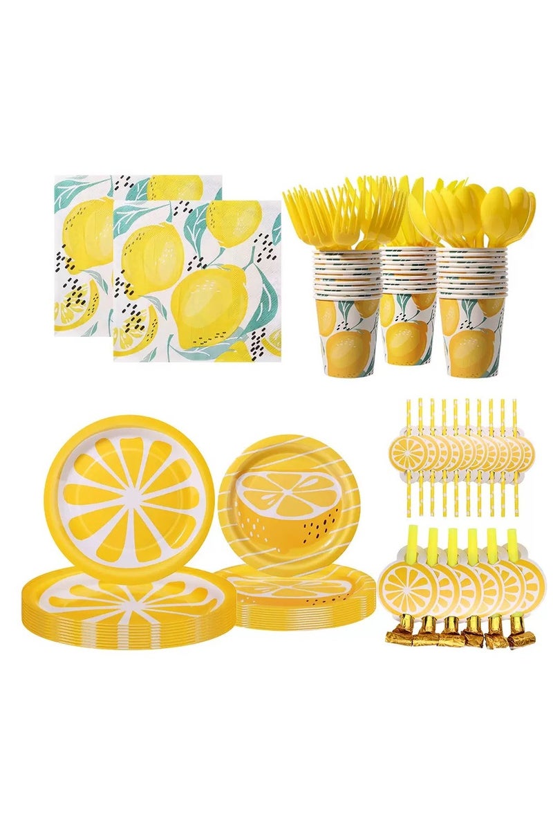 أدوات مائدة حفلات مستوحاة من الليمون، لافتة إكليل أصفر مزخرف، أدوات مائدة حفلات أعياد ميلاد الأطفال، لوازم حفلات يمكن التخلص منها لتزيين الحفلات أصفر 107 قطعة - Image 3