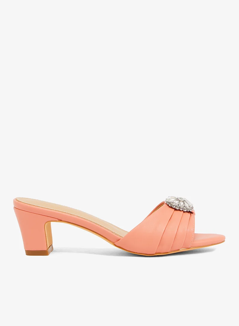 peach suede gathered upper sandal with block heel, and encrusted buckle